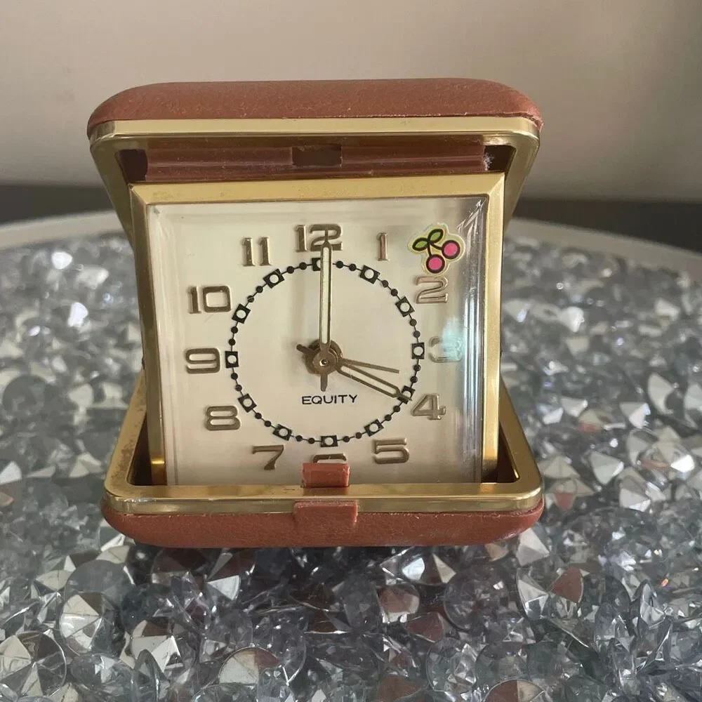 Vintage old Taiwan Equity Folding Travel Alarm Clock Illuminated Hands Wind Up